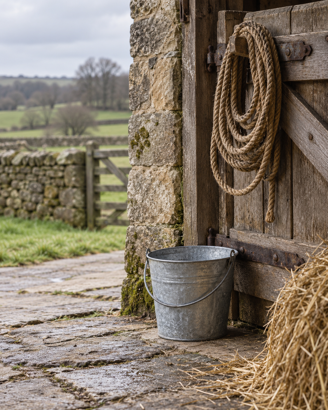 AI-generated still life of a water pail and farm gate, not company facilities